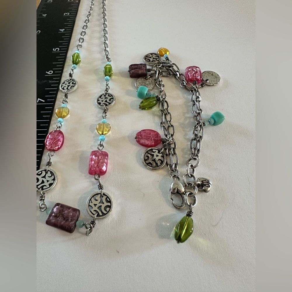Colorful Beaded Necklace and Bracelet with Silver Accents